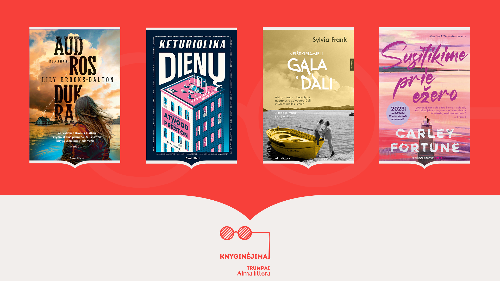 Knyginėjimų miniatiūra - knygų viršeliai: Audros dukra, Keturiolika dienų, Neišskiriamieji Gala ir Dali, Susitikime prie ežero.
