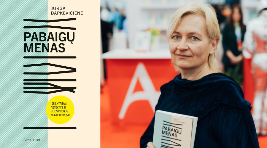 Knygos "Pabaigų menas" viršelis ir autorės, laikančios knygą, nuotrauka.