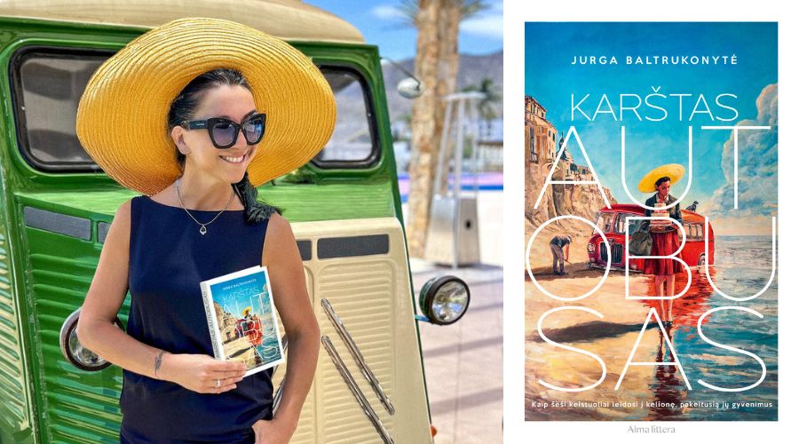 Jurga Baltrukonytė su knyga rankose prie autobuso ir knygos "Karštas autobusas" viršelis.