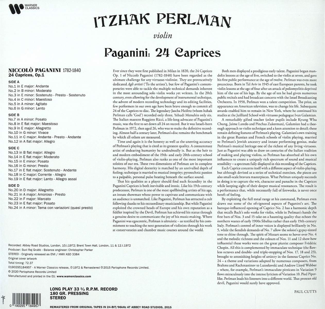 Itzhak Perlman: Paganini: 24 Caprices (2LP) 2LP