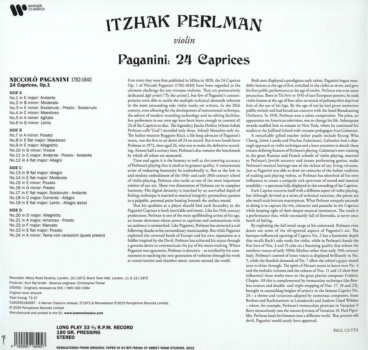 Itzhak Perlman: Paganini: 24 Caprices (2LP) 2LP