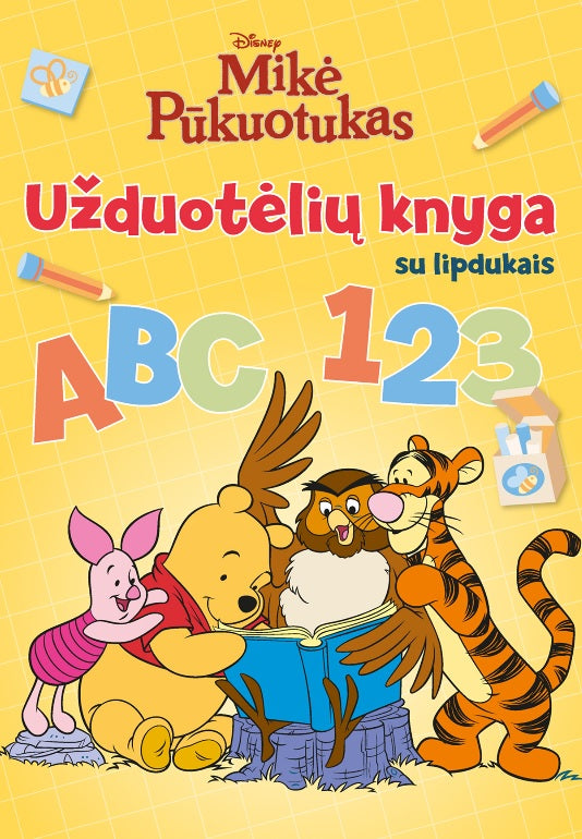 Mikė Pūkuotukas. Užduotėlių knyga ABC + 1 2 3 su lipdukais